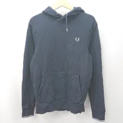 ◇ Θ FRED PERRY フレッドペリー ワンポイント刺繍 長袖 フーディーパーカー サイズM ネイビー系 メンズ E  【1507250015321】