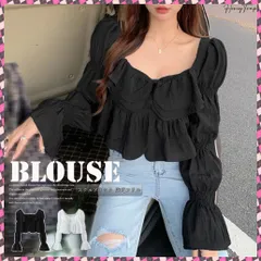 送料無料 ブラウス スクエアネック 胸元フリル ショート丈トップス レディース パフスリーブ 韓国ファッション シャツブラウス 無地 プルオーバー シャーリング キレイめ ブラウス へそ出し トップス 着やせ シャツ