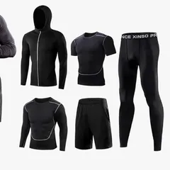 コンプレッションウェア セット メンズ トレーニングウェア 5点セット 通気防臭 スポーツウェア ランニングウェア パーカー 長袖シャツ 半袖シャツ ハーフパンツ タイツ Mサイズ 吸汗速乾 黒（A-151,イ-2）