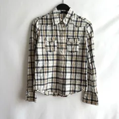 y2kチェックシャツ平成M長袖襟付き胸ポケットカジュアル総柄前開き白紺ホワイト