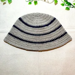 SS-21 春夏用 クラッシャーハット コットン バケットハット ビーニー 男女兼用  ハンドメイド 手編み  クロシェハット ベージュX ネイビー細ライン