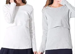 Boasorte 授乳服 授乳口付き 長袖 Tシャツ カットソー マタニティ ウエア 選べる カラー ロンT 2枚 セット 白 x グレー(白 x グレー)
