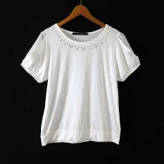 BLUE STRIVE ブルーストライブ カットソー ブラウス ビジュー パール装飾 ストレッチ パフスリーブ シフォン シアー 切替 半袖 L オフ白