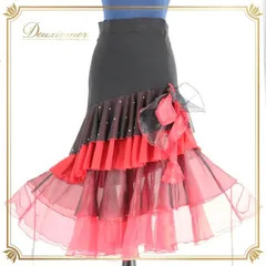 社交ダンス 衣装 スタンダード スカート レッスンウェア レディース オールシーズン ブラック系 レッド系 黒 赤 バイカラー 派手 フリル ラインストーン ダンス衣装 おしゃれ プリンセスライン ウエストゴム 大人用 パーティー 服装 表彰式