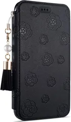 【人気商品】iPhone スマホケース タッセル 女子 フラワー 花柄 カードケース 手帳型 iPhone 11 kanon ProMax 5.ブラック