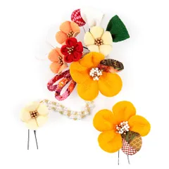 髪飾り 成人式 水引 つまみ細工 赤 振袖 前撮り 袴 花 2点セット 橙色 黄色 クリーム色 生成り 白 ちりめん 組紐 玉飾り パー No.12-0441