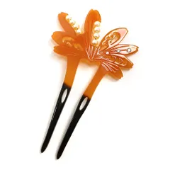 かんざし バチ型 髪飾り 成人式 振袖 前撮り 袴 花 べっ甲風 黄色 黒 白 パール 透かし彫り かわいい 粋 日本製 おしゃれ シン No.8-2693