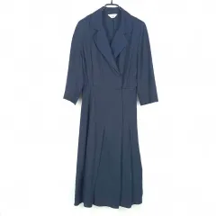 JJ スリムウエスト 麻混 リネンブレンド ワンピース ミディ丈 ネイビー 85 ( HU38416 )