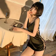 サイドレースアップ サテン風スリップドレス✨誘惑のリボン編み上げナイトドレス✨魅せる肌感。サイドレースアップキャミドレス