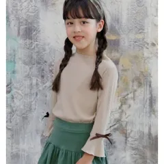 Bee【クーポン利用で20％OFF♪】リブ地フレア袖トップス◇ベージュリブT◇韓国子供服 韓国子ども服 韓国こども服 キッズ 女の子 100 110 120 130 140 150