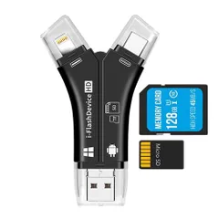 SDカードリーダー ブラック 4in1 スマホ パソコン iPhone iPad Android メモリカードリーダー USB2.0 MicroUSB Type-C Lightning バックアップ アダプター 読み取り 読み書き USBメモリ 写真 データ