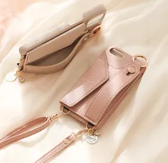 ハート＆コインチャームスマホケース　iphone15　14 13 12 SE ショルダーストラップ　ベージュ　ピンク