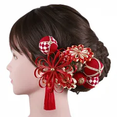 髪飾り 成人式 振袖 2点セット 赤 橙 ゴールド 白 オレンジ 玉飾り 和玉 房 花 リボン ちりめん 和柄 市松 ビーズ コーム Uピ No.12-1037