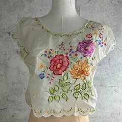 VINTAGE(ヴィンテージ) 70's~ flower embroidery short tops フラワー刺繍のフリル袖トップス ベスト M~L程度 ベージュ×マルチカラー
