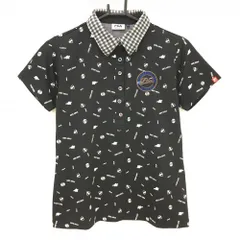 フィラゴルフ 半袖ポロシャツ 黒×白 総柄 襟チェック柄  レディース Ｌ ゴルフウェア FILA GOLF