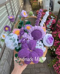 紫バージョンバスケット　編み物編み花　ハンドメイドギフト