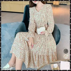 ティアードワンピース 花柄ワンピース韓国レディース ハイウエスト 総柄 ロングワンピース 体型カバーフレアワンピース 長袖 春秋服 きれいめ Vネックワンピースリゾートワンピ旅行 20代30代40代 大人可愛い ワンピ