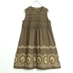 【美品】ピンクハウス★段々フリルのノースリーブブラウス ワンピース ブラウン系 王冠や黒猫プリントがキュート♪z12929