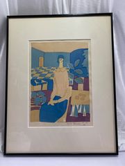 美品 深沢幸雄「女性と鳥」銅版画 彩色 1975年作 直筆サイン入り 額縁