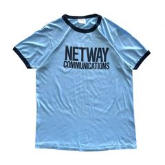 90s カナダ製 NETWAY COMMUNICATIONS アメリカンジョーク 皮肉 ユーモア メッセージ リンガーTシャツ シングルステッチ インターネット ブルー ネイビー