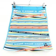 【美品】ルコックゴルフ スカート ライトブルー×オレンジ×イエロー ボーダー調 ロゴライン レディース 7 ゴルフウェア le coq sportif