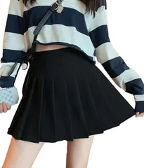 Four leaf 地雷系 かわいい プリーツ ミニスカート 服 フレア ひざ上 ショート丈 ミニ丈 大きいサイズ(ブラック,  M)