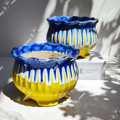 韓国  2個セット アイスクリームシリーズ ブルー＆イェロー植木鉢 浮彫 窯変 植木鉢 室内 陶器鉢 多肉 植物 鉢植え 激安 レア インテリア プレゼント 海外 盆栽 おすすめ プランター 人気 デザイン 観葉植物