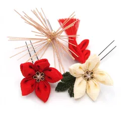 髪飾り ３点セット 赤 白 つまみ細工 松葉 成人式 花 和風 浴衣 着物 振袖 袴 ドレス 七五三 子供 キッズ 結婚式 卒業式 入学式 金 ヘアアクセサリー 髪留め 日本製 送料無料 アカ W 36 323-225 u920　Si