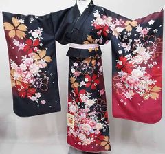 十歳用 着物と長襦袢のセット 日本製 女児 黒地 着物は陽気な天使 絵羽 