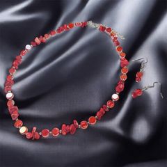 コーラル×ガラス ネックレス＆ピアス 緋色セット