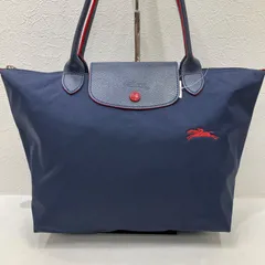 5067　LONGCHAMP　ロンシャン　トートバッグ　肩掛け　 プリアージュ　ネイビー×レッド系　紺　赤　ナイロン　レザー　 馬　ホース　刺繍　レディース