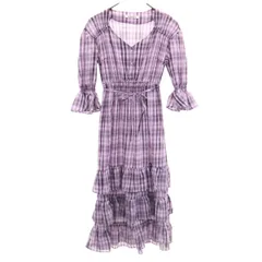 SNIDEL スナイデル チェック柄 7分袖 シアーティアード ロングワンピース 0 パープル SWFO191029 レディース 古着