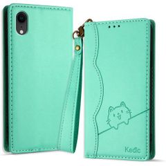 Kedic iPhone XR ケース 手帳型 アイフォンXR ケース 可愛い笑顔の猫模様 手作り iPhoneXR 携帯カバー iPhonexrスマホケース手帳型 おしゃれ カード入れ 財布型 と横方向のスタンドが 多機能 アイフォン 型ケース 緑 295