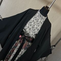 和洋折衷コーデセット｜ 羽織×モノトーン花柄ワンピースセット 黒羽織×白黒花柄ワンピースの和モダンセット　和モダンコーデ 和装ミックス 大正ロマン風　3点セット
