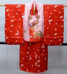 七五三 三歳 女児 被布コート 着物 長襦袢 3点セット ピンク×赤 祝着 刺繍入りの半衿 伊達衿縫い付け済 お仕立て無料 NO41222