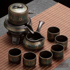 【新生活応援】自動回転式茶こし付き豪華伝統 陶磁器カンフーティーセット - 石臼デザイン家庭用おしゃれ茶器セット
