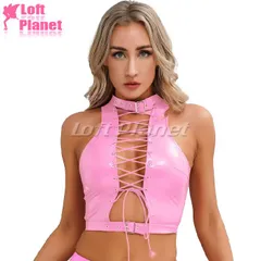 セクシー クロップトップ PU エナメル チョーカー 編み上げ トップス ビスチェ ホルターネック クラブ ダンス ピンク AE250630PK