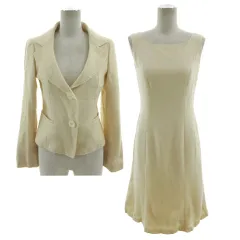 23区DEUX スーツ ワンピーススーツ ジャケット テーラードカラー シングル 2B ワンピース ノースリーブ ひざ丈 起毛 ウール 総柄 アイボリー クリーム色 1