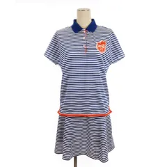 23区 オンワード樫山 GOLF 3点セット セットアップ ポロシャツ 半袖 スカート ひざ丈 インナーパンツ付き ボーダー ワッペン 青 ブルー 1 ゴルフウェア ■ECS