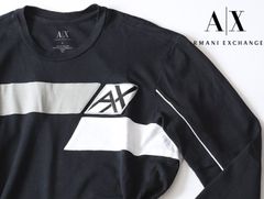中古品★ARMANI EXCHANGE アルマーニ エクスチェンジ★袖切替クルーネックワッペンロゴ長袖Tシャツ★L★ブラック黒【本物保証】汚有