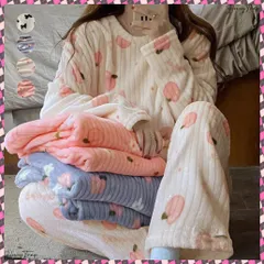 送料無料 フリースパジャマ 上下セット レディース もこもこ 桃柄ルームウェア ふわふわ セットアップ 可愛い 部屋着 冷え防止 寝巻き 秋冬 ナイトウェア 暖かい 寝間着 長袖厚手パジャマ柄 韓国風部屋着セット ボアパジャマ室内着