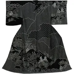 豪華手刺繍 特選絞り 黒地 茶屋辻模様 正絹 訪問着 仮絵羽 着物 No.5-0049