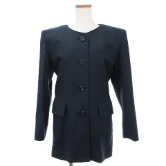 イヴサンローラン YVES SAINT LAURENT 美品 ヴィンテージ ノーカラージャケット シングル ウール 総裏 ノーベント ストライプ 紺 ネイビー S ■GKPのサムネイル