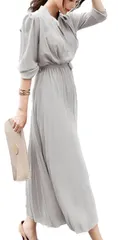 [Four leaf] 上品 プリーツ ロング ワンピース レディース 長袖 春 秋 きれいめ ハイウエスト ドレス ロングワンピ フォーマル セミフォーマル リボン ロング丈 春物 大きいサイズ (S, 灰) [グレー] [S]