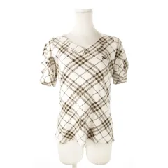 バーバリーブルーレーベル BURBERRY BLUE LABEL カットソー Vネック 半袖 パフスリーブ チェック ロゴ刺繍 38 M 白 ホワイト /MN13 ■GY19