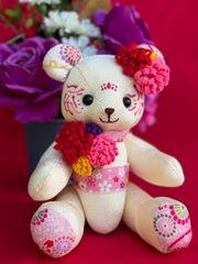 刺繍 日本 Japan オリジナルテディベア 和柄 和装 テディベア 狐面 花魁