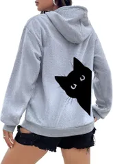 emptio エンプティオ ネコ ワンポイント パーカー カワイイ ユッタリ レディース 動物 フード付き トレーナー 部屋着 オーバーサイズ ジップ キレイメ 可愛い キャラクター モコモコ 長袖 プルオーバー 暖かい(リードグレー,  M)