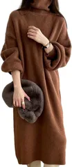 J-Scott ワンピース レディース ニット タートルネック ドロップショルダー ミディ丈 着まわし エレガント 伸縮性 コンサバ ぽわん袖 ルーム 簡単お手入れ 女性用 大人用 カバー きれいめ きちんと感(ブラウン,  M)