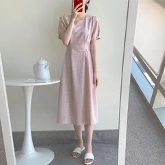 ワンピース フレアワンピース 膝丈 ひざ丈 袖あり 半袖 スクエアネック 襟なし フレア セミフレア Aライン ウエストマーク かわいい 大人可愛い きれいめ シンプル カジュアル 大人 上品 おしゃれ 大人女子 こなれ感 ラブリー キュート ガーリー チェッ