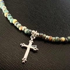 ビーズネックレス クロスチャーム ターコイズブルー ビーズネックレス メンズ